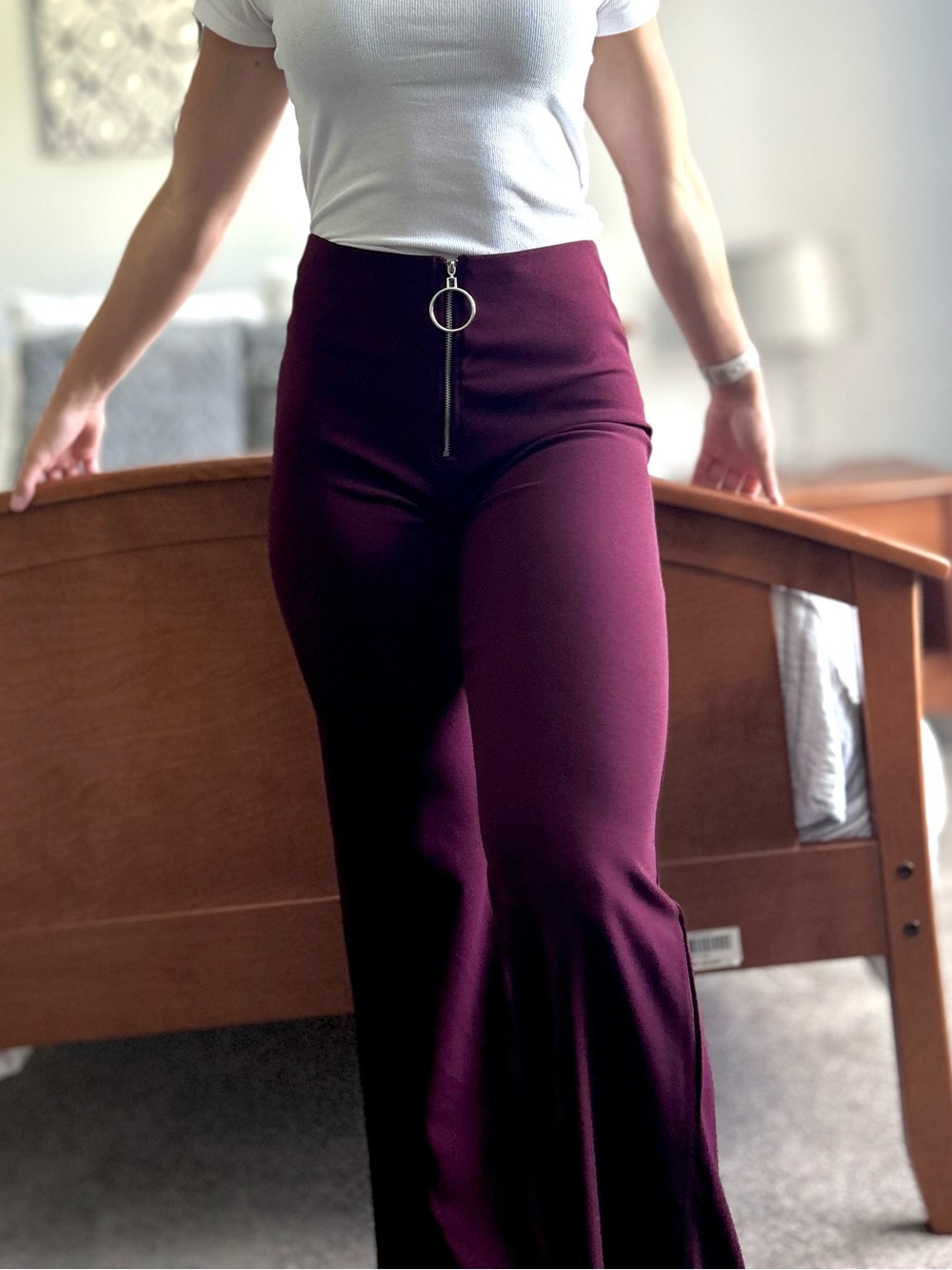 Forever 21 Burgundy High-Waist Flare Pants with Ring Zip